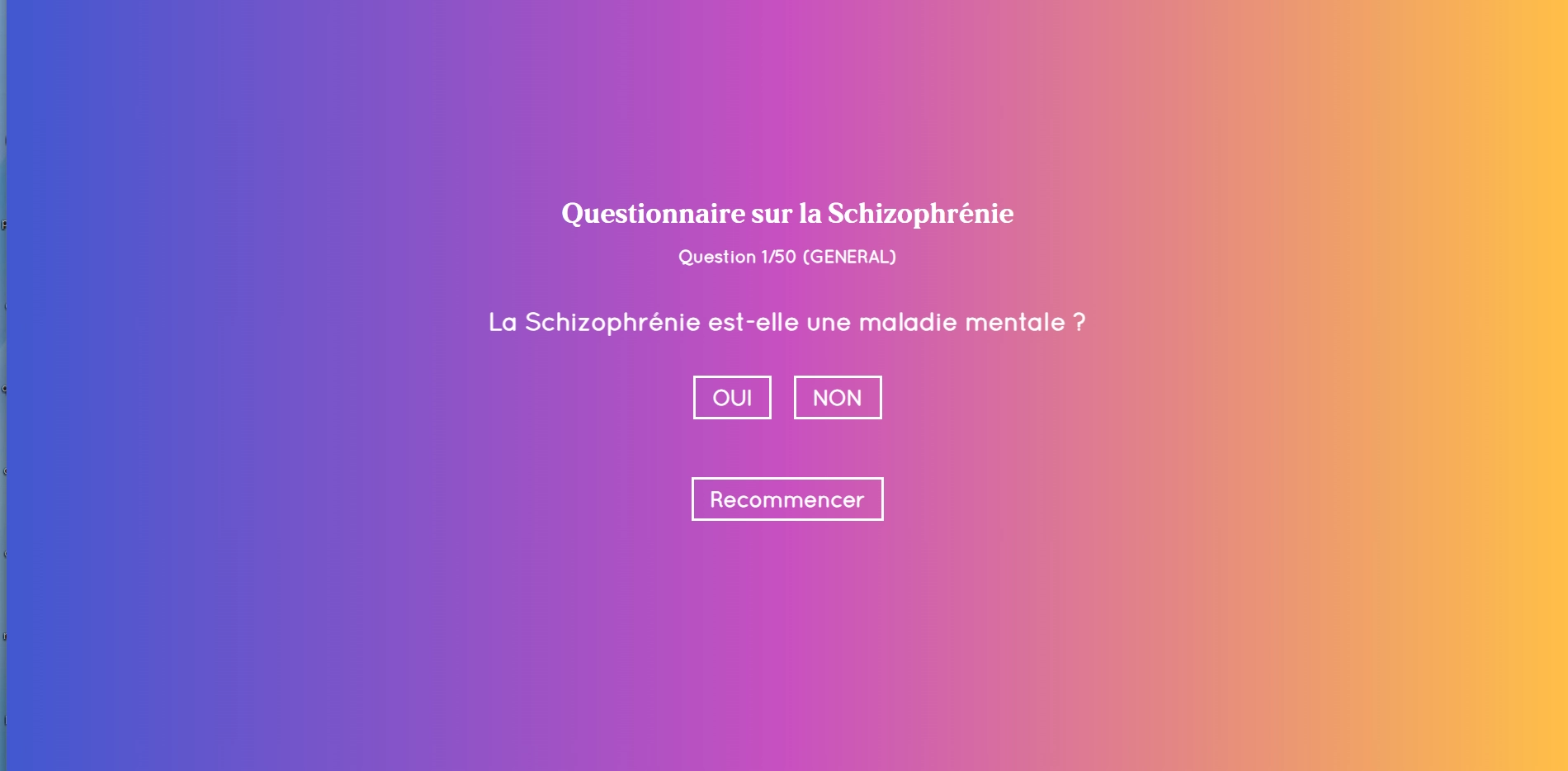 Capture d'écran du questionnaire sur la schizophrénie
